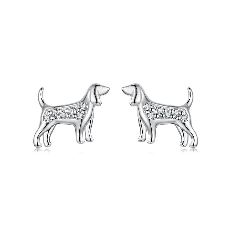 WOSTU 925 Sterling Silver Mini AAA Zircon Pet Cat Dog Stud Earrings For Women Lovely Poodle Dachshund Animal Studs Family Gift