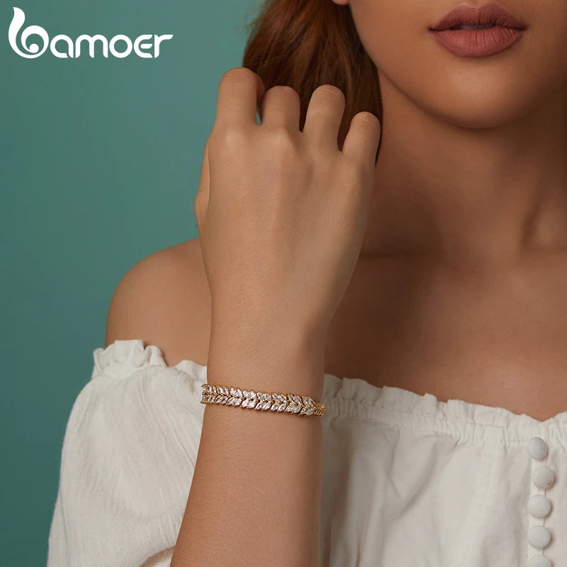 BAMOER White Gold Plated Sparkling Cubic Zirconia Classic Leaf Bracelet, Gold Bracelets for Women Fashion Jewelry YIB067