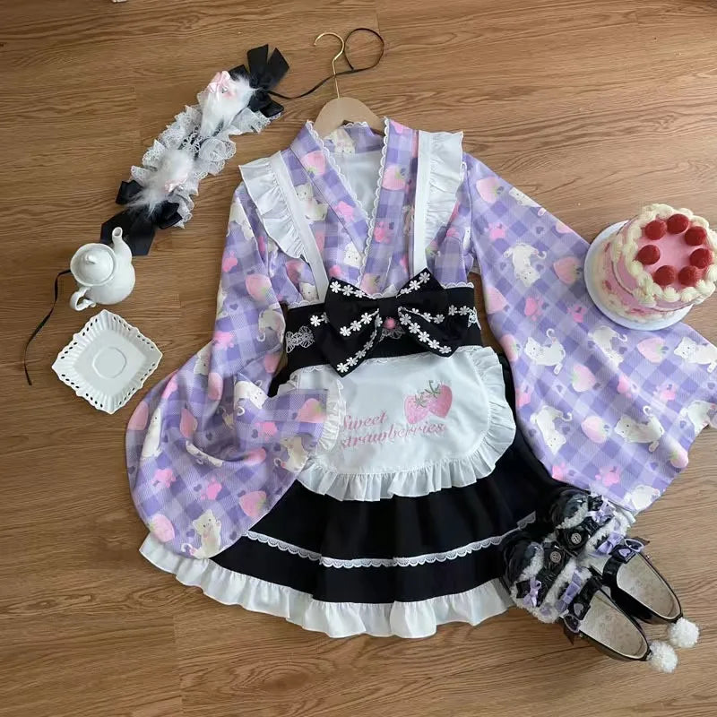 Japanese Sweet Lolita Kimono Dress Women Kawaii Strawberry Cat Print Bow Apron Maid Cosplay Costumes Girls Animation Show Dress