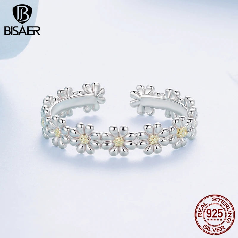 BISAER 925 Sterling Silver Daisy Open Ring Fresh Flower Statement Band Adjustable Plated White Gold for Women Party Fine Jewelry