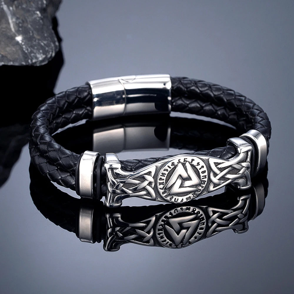 MKENDN Norse Viking Style Stainless Steel Compass Runes Amulet Braided Doublelayer Red Black Leather Bracelet Homme Pulseras