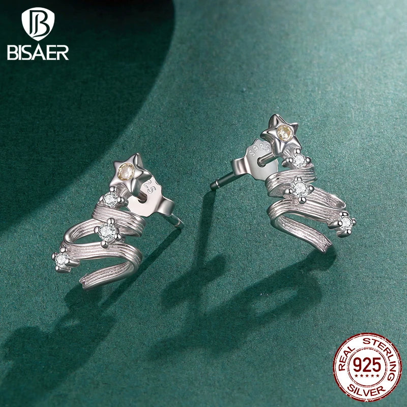 BISAER 925 Sterling Silver Christmas Tree Stud Earrings,Sparkling Zircon Lightweight Hypoallergenic for Women Party Fine Jewelry