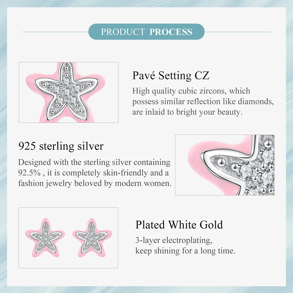 WOSTU 925 Sterling Silver Pink Enamel Floral Star Stud Earrings, AAA Shiny zircon Pink Starfish Ear Studs Cute Gift for Girl