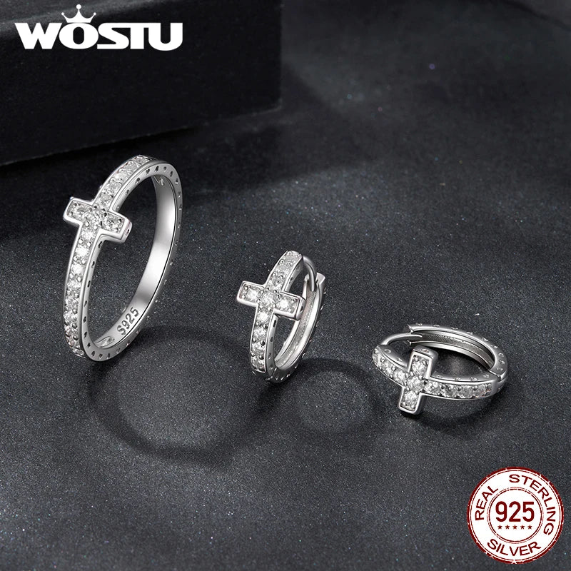 WOSTU Full Moissanite Cross Style Hoop Earrings Finger Ring For Women 925 Silver Punk Jewelry Huggies Earring Ring Family Gift