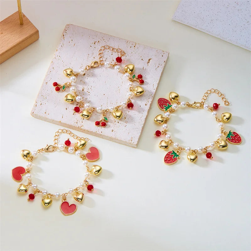 Charm Red Strawberry Bracelet For Women Cute Cherry Heart Shape Fruit Pearl Metal Chain Wristband Girls Party Friendship Jewelry