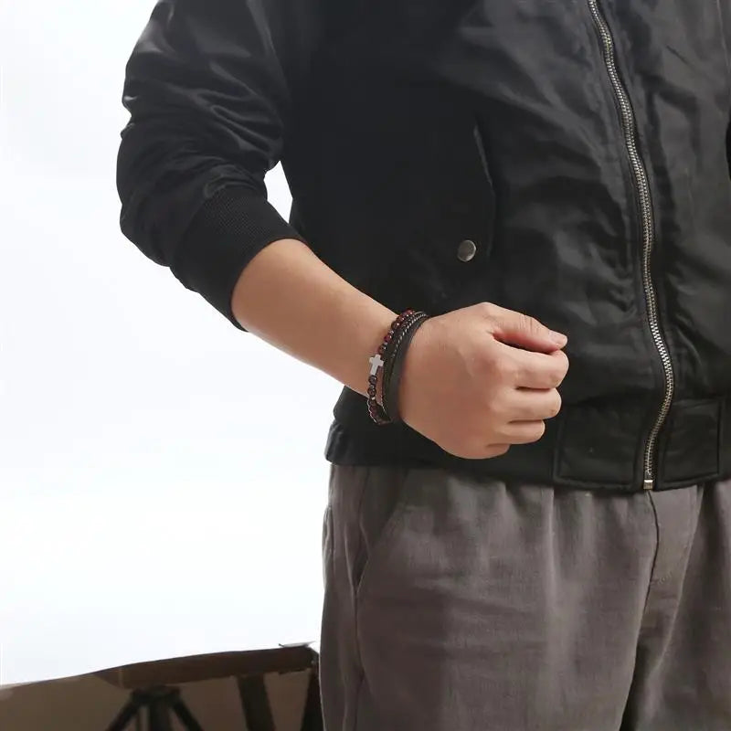 Fashion Cross Pendant MultiLayer Leather Bracelet for Men Women Classic Christian Prayer Christmas New Year Gift