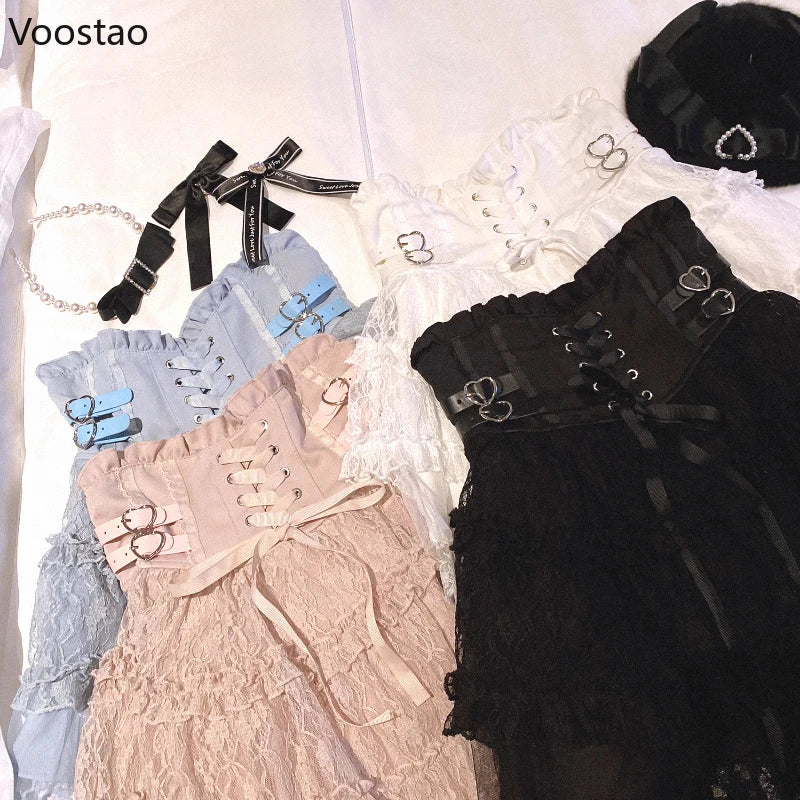 Japanese Sweet Lolita Style Mini Skirt Women Elegant Lace Bandage Party Cake Skirts Female Gothic Y2k Metal Buckle Short Skirt