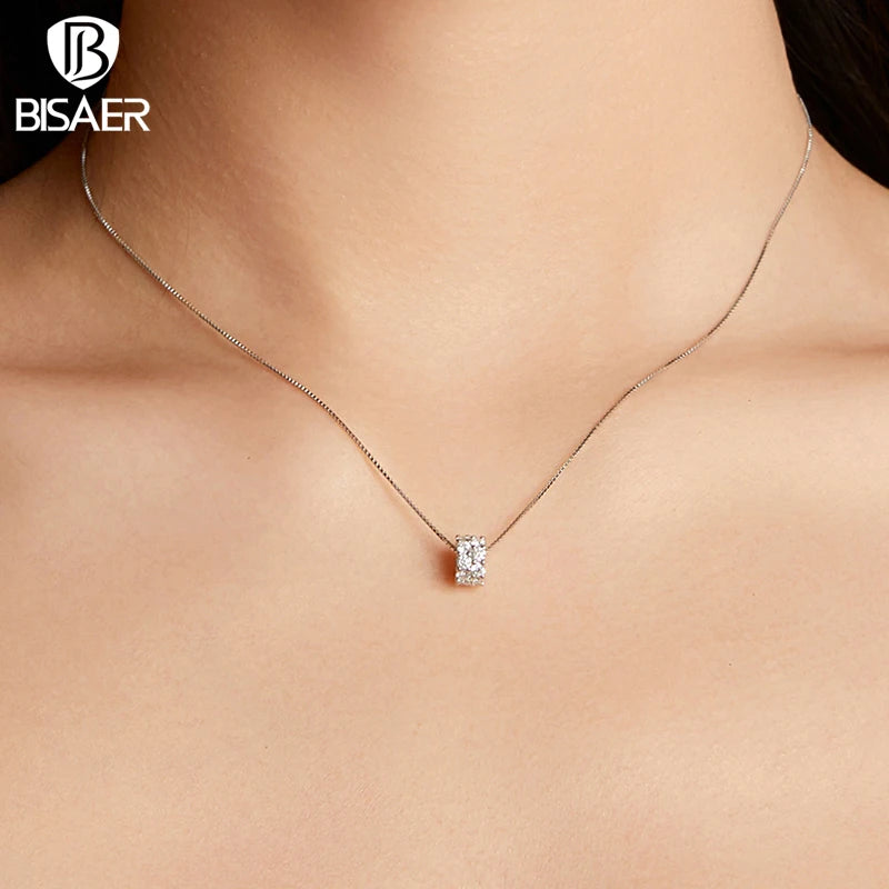 BISAER Lucky Ring Necklace Cutting Lab Grown Diamond 925 Sterling Silver Chain Plated White Gold Wedding Fine Jewelry MSN048