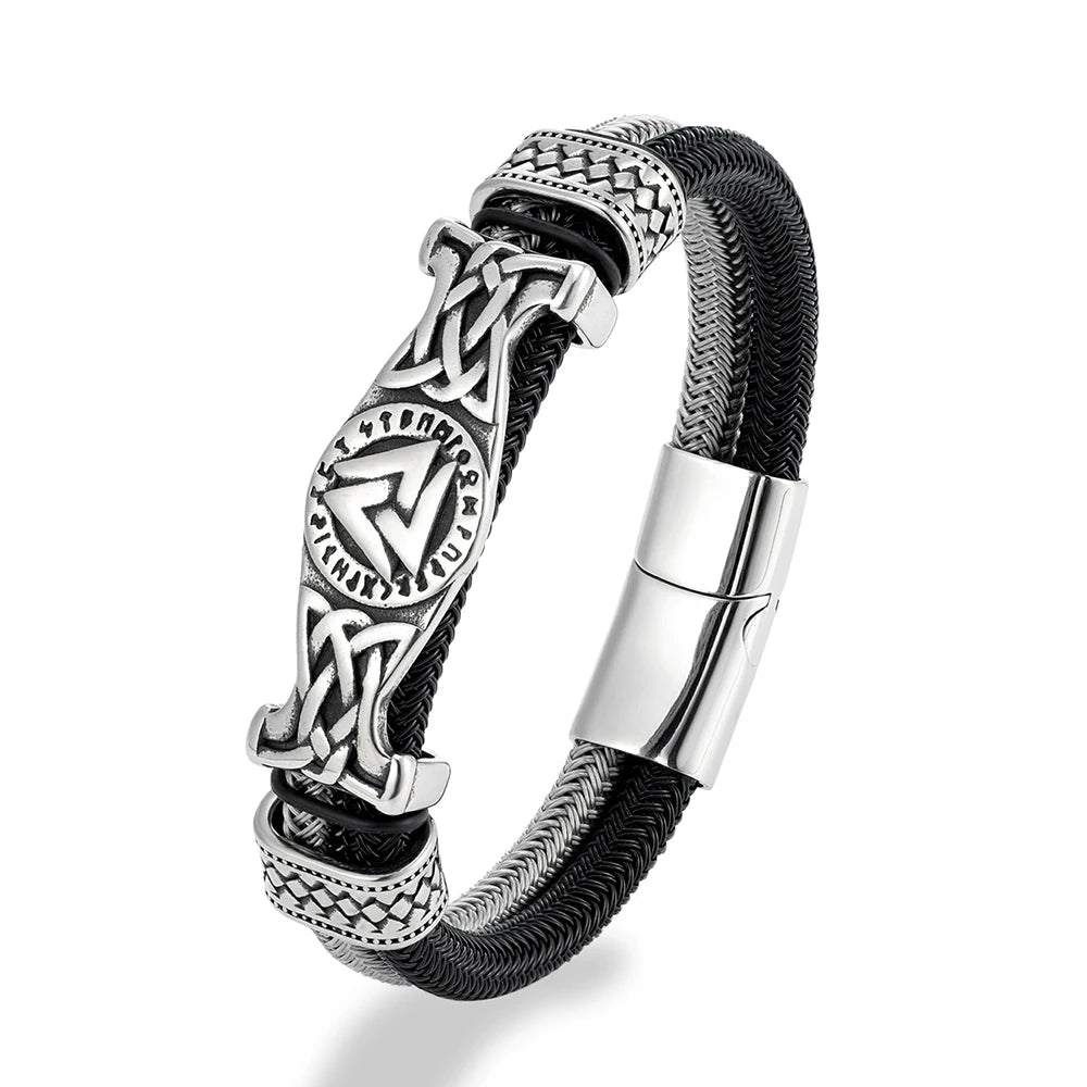 MKENDN Viking Style Stainless Steel Non-fading Steel Wire Rope Bracelets for Men Triangle Amulet Wrap Cuff Wirstband Bracelets