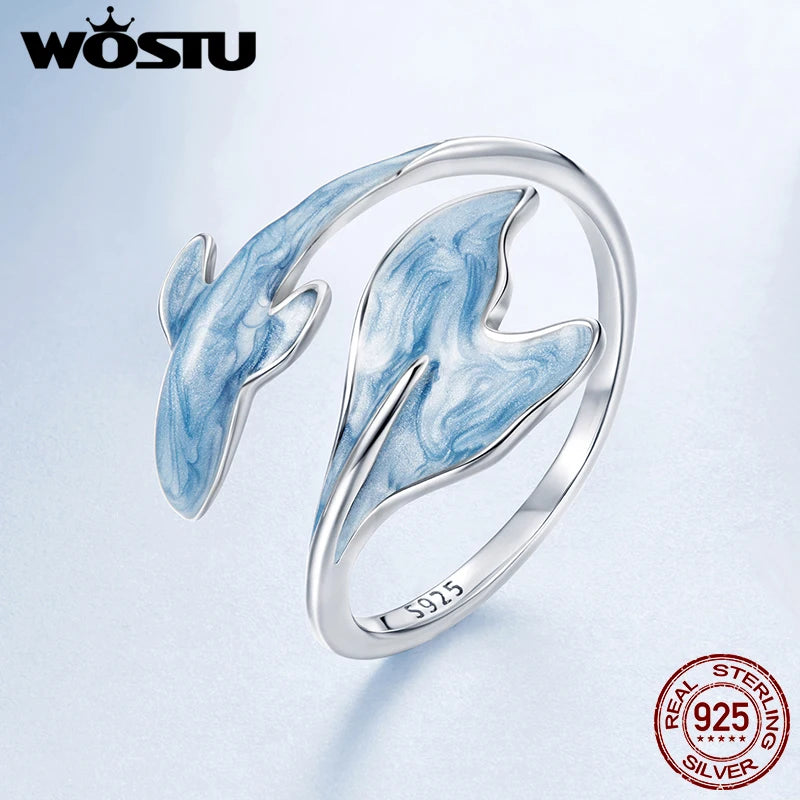 WOSTU Real 925 Sterling Silver Colorful Mermaid Open Ring Ocean For Women Blue Whale Adjustable Rings beach Jewelry Holiday Gift
