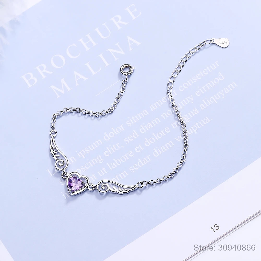 Real 925 Sterling Silver Pretty Bracelet For Women Birthday Valentine's Day Gift Angel Wing Heart Purple CZ Fine Jewelry DA2976