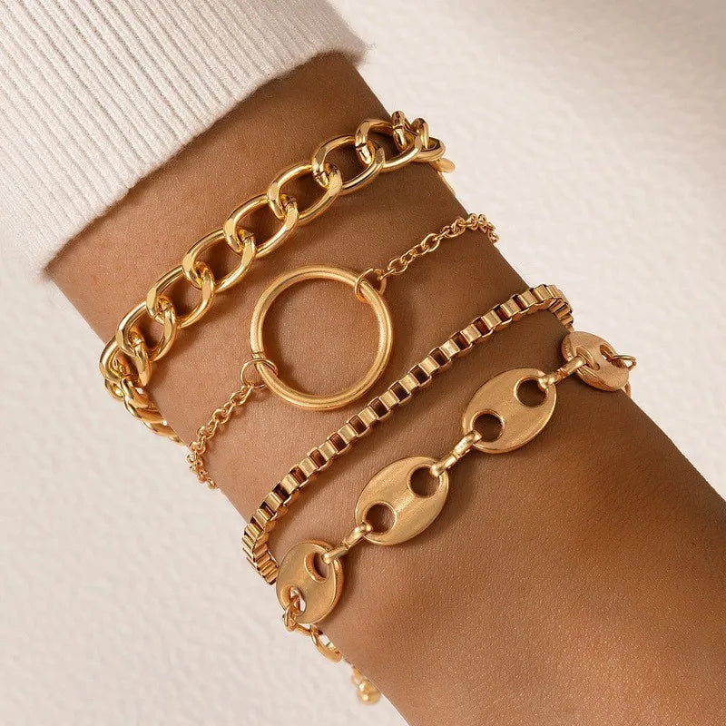 Boho Gold Color Link Chain Bracelet Set For Women Geometric Round Circle Tassel Charm Open Bangle Female Jewelry