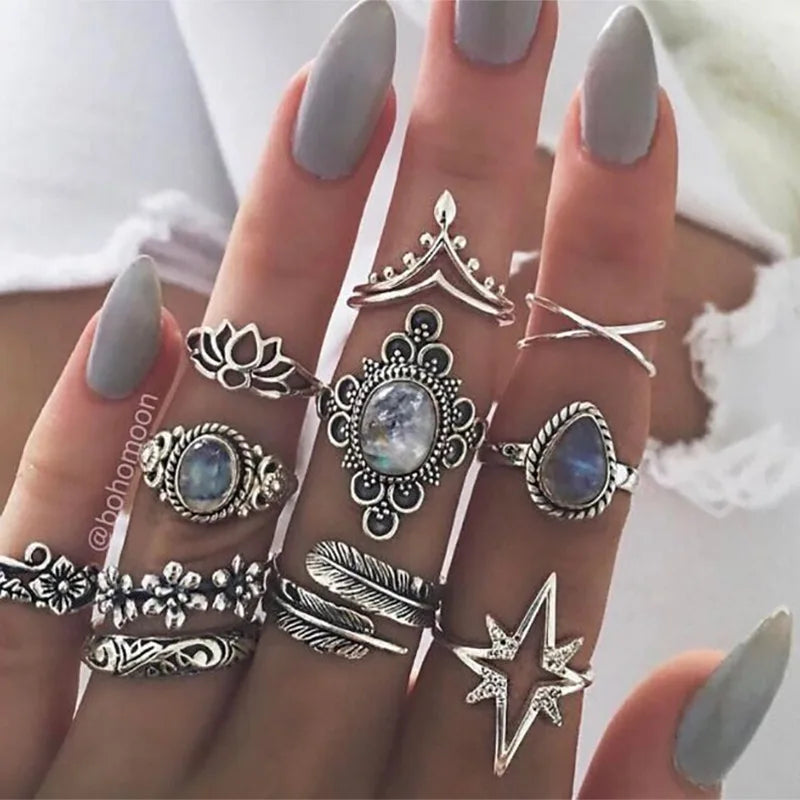 Bohemia Green Stone Finger Ring Set For Women Geometric Moon Owl Knuckle Rings Girls Fashion Jewelry Gift