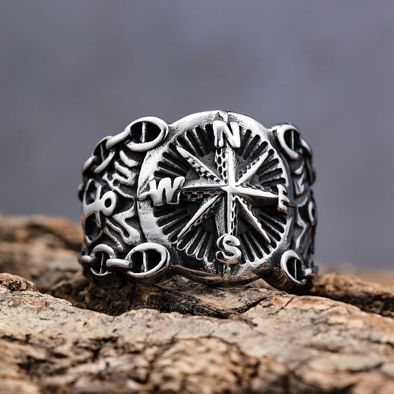 Retro Sailor Navigation Compass Ring For Men Punk Gothic Rock Hiphop Open Ring Handmade Jewelry Bikers Accessories Unisex Gift
