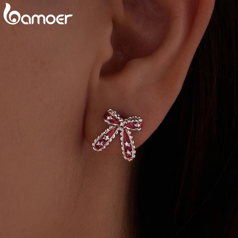 BAMOER 925 Sterling Silver Christmas Bow Stud Earrings, Enamel Stars Piercing Earrings Sweet Jewelry for Women Teen Xmas Gift