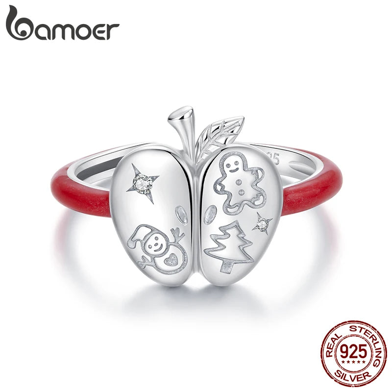 Bamoer 925 Sterling Silver Christmas Apple Tree Open Ring Adjusable Engraving Snowman Red Ring for Women Teens Sweet Xmas Gift