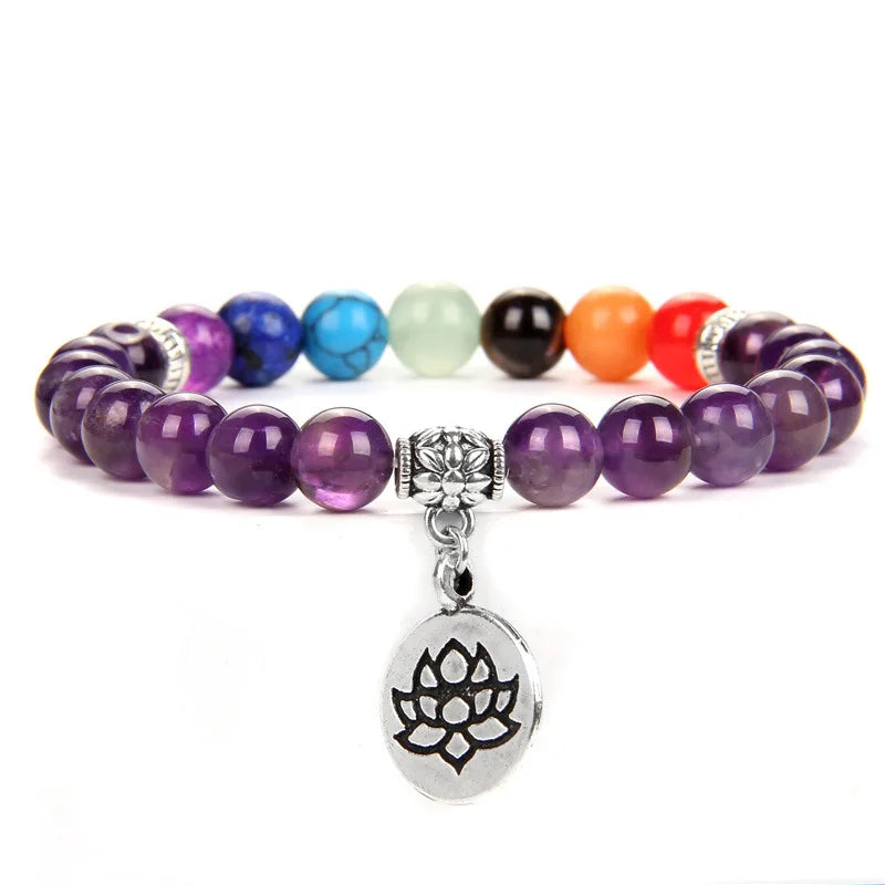 MKENDN 7-Chakra-Armbänder, buddhistisches Lotus-Amulett-Armband, Herren-Armband mit natürlichen Reiki-Steinen und Amethysten, Damen-Yoga-Schmuck