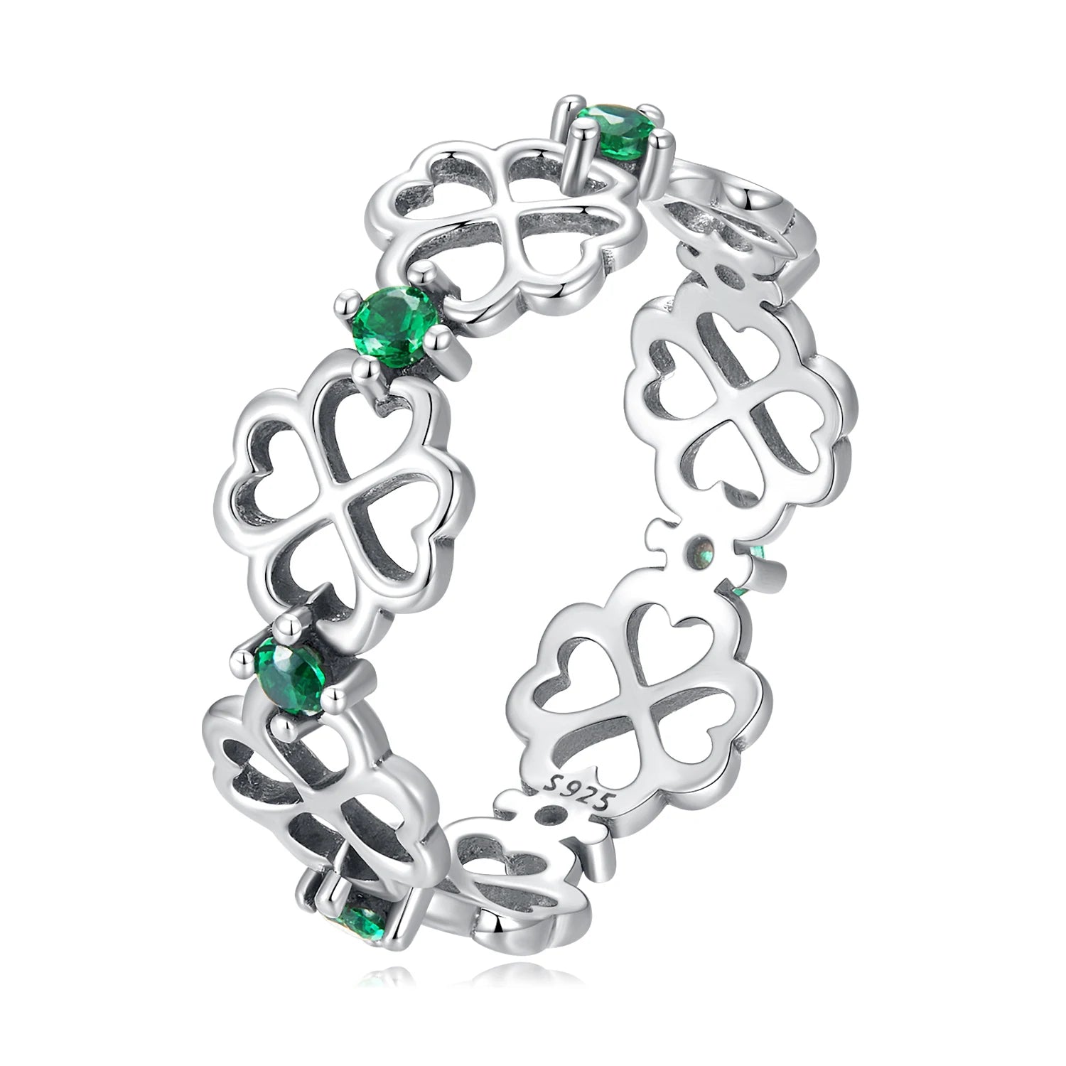 BISAER 925 Sterling Silver Four Leaf Clover Ring Hollowed Green Zircon Fine Jewelry For Engagement Party Women Gift ECR859