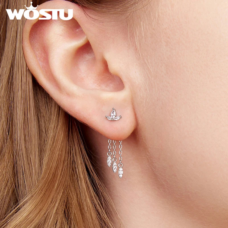 WOSTU 925 Silver Long Drop Chain Tassel Earrings with Clear Zircon, Hypoallergenic Front Back Earrings Women Wedding Party Gift