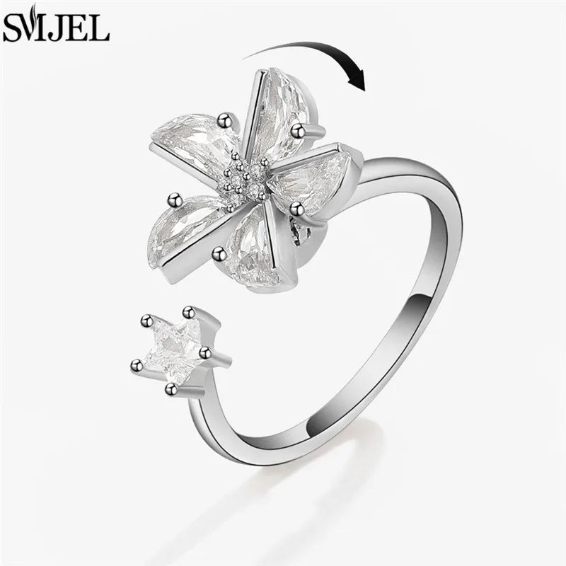 Korean Fashion Anxiety Fidget Spinner Rings for Women Crystal Rose Sunflower Butterfly Rotating Mood Ring Girls Wedding Jewelry