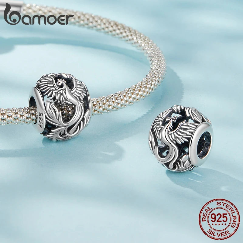 BAMOER 925 Sterling Silver Phoenix Flying Dragon Charm Bead Fit Original Bracelet, Round Hollow Beads DIY Jewelry Accessories
