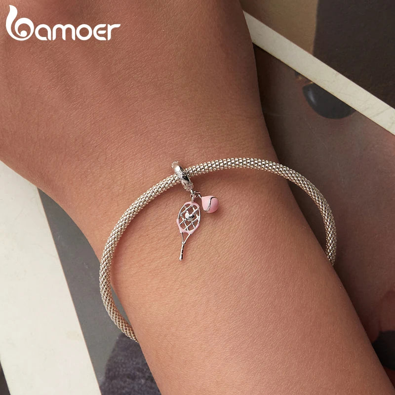 BAMOER 925 Sterling Silver Charm Pink Sport Ball Dumbbe Pendant Healthy Teeth Beads Fit Original Bracelet DIY Jewelry Crafts