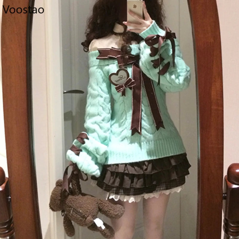 Autumn Winter Sweet Lolita Style Knitted Pullover Women Harajuku Cute Slash Neck Bow Spice Girl Sweaters Femme Y2k Knitwear Tops