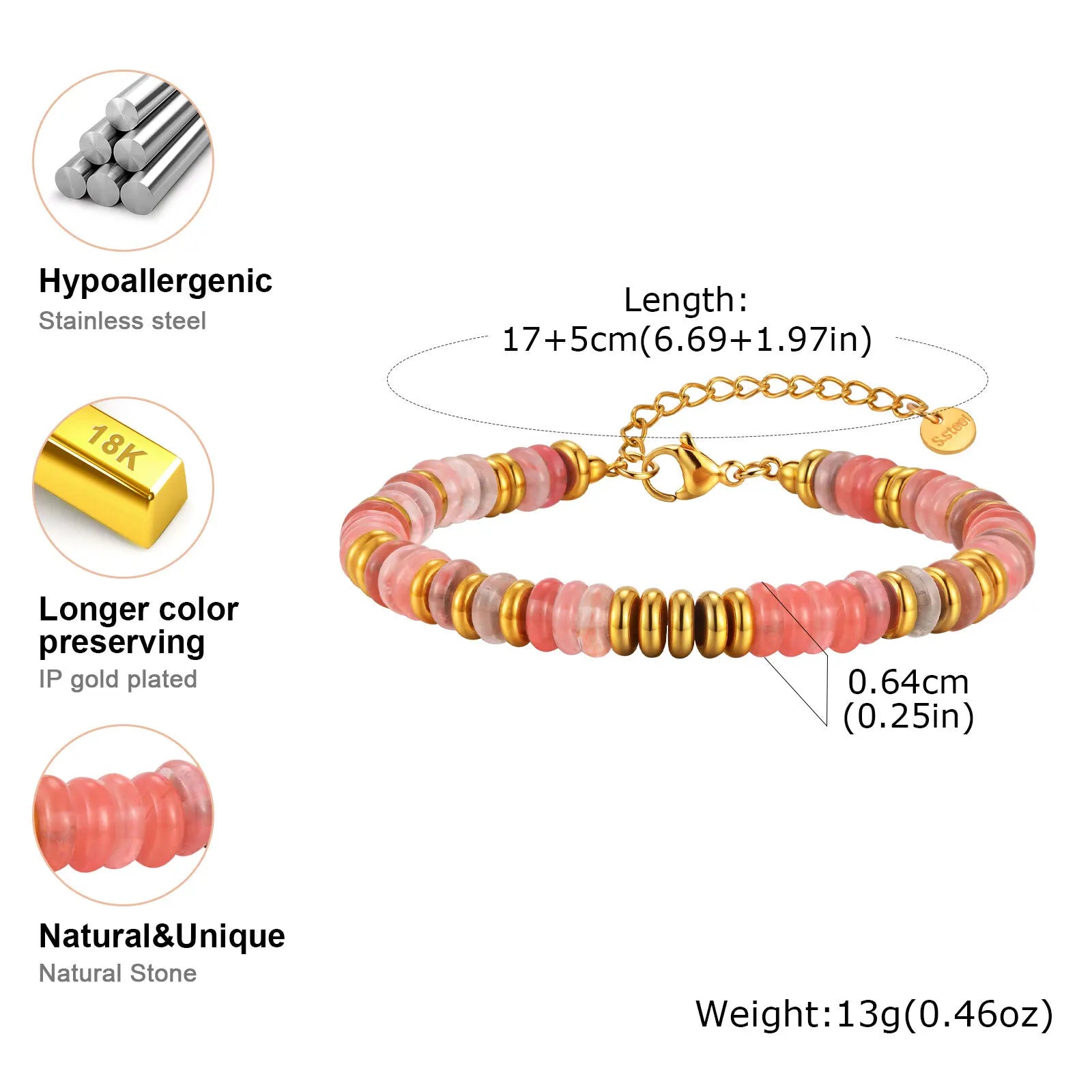 Vnox Multicolor Natural Stone Women's Bracelet Stainless Steel Gold Plated Flat Bead Chain Bracelet Female Jewelry Accessories