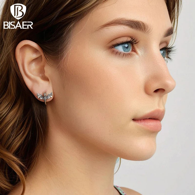 BISAER Real 925 Sterling Silver Flying Dragon Hoop Earrings Retro 3D Dragon Ear Hooks for Punk Hip Hop Women Party Fine Jewelry