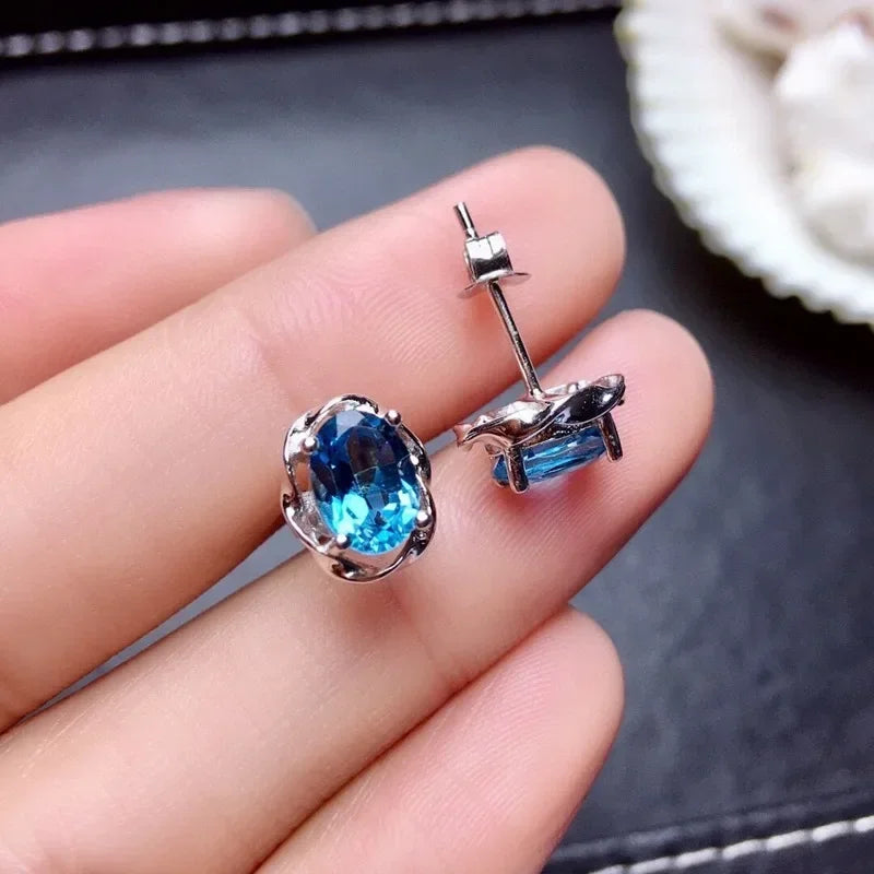 Natural Bule Topaz Stud Earring for Women 925 Sterling Silver JewelryvLuxury Female Blue Sapphire Oval Earrings