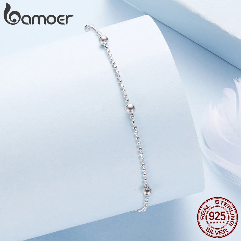 Bamoer 925 Sterling Silver Beads Anklet Minimalist Solid Summer Body Jewelry for Women Teens Fashion Beach Party Gift