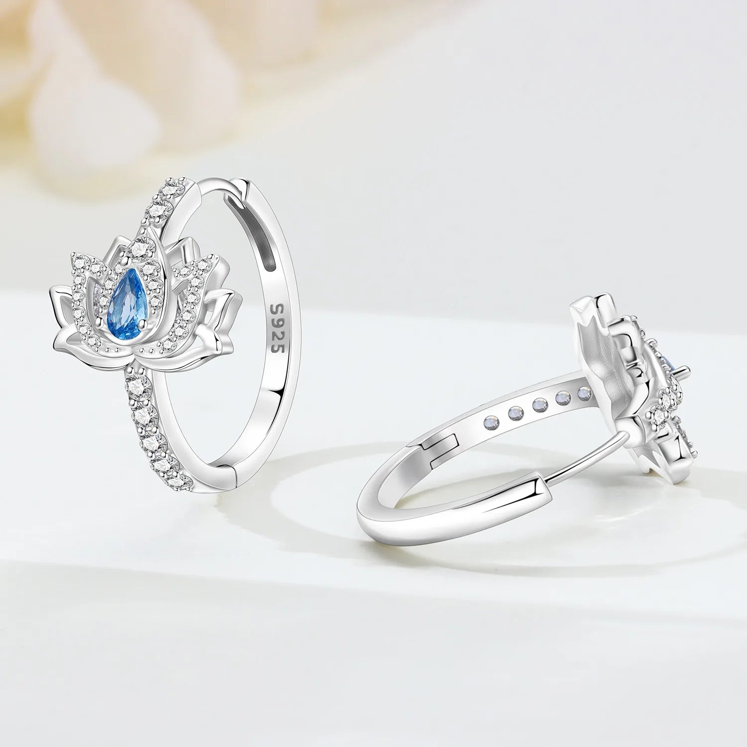 PANPOKI Original 925 Sterling Silver Blue Zircon Lotus Flower Earrings Women Hoop Earring Anniversary Jewelry Trendy Gifts