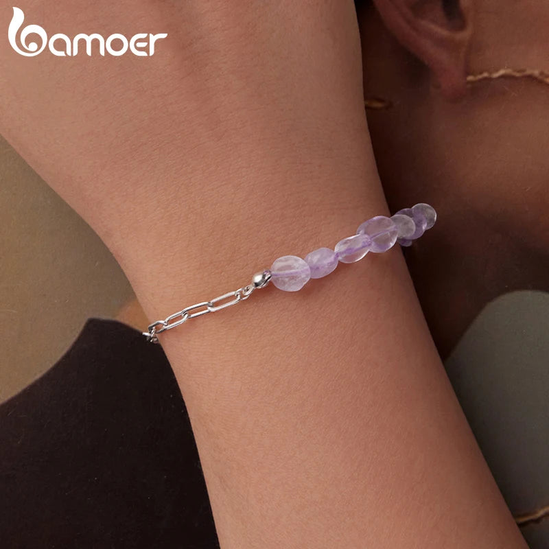 BAMOER 925 Sterling Silver Purple Crystal Bracelet Adjustable Bead & Chain Dual-Tone Wrist Chain for Women Teens Dainty Gift