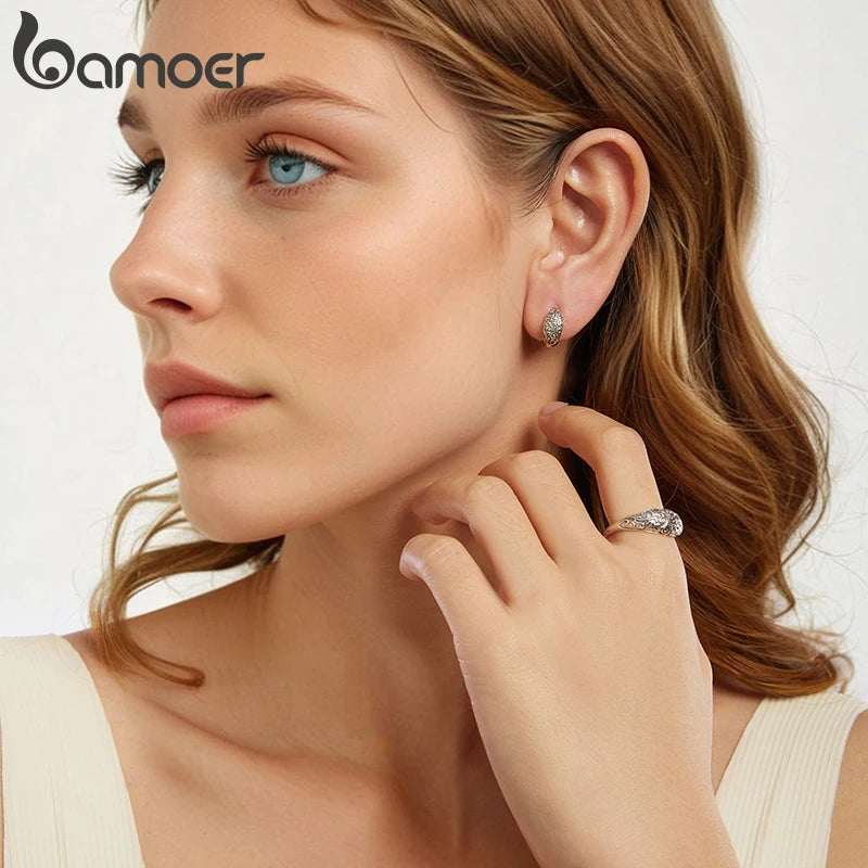 BAMOER Solid 925 Sterling Silver Retro Pattern Hoop Earrings for Women, Hypoallergenic Lightweight Personalized Fine Jewelry