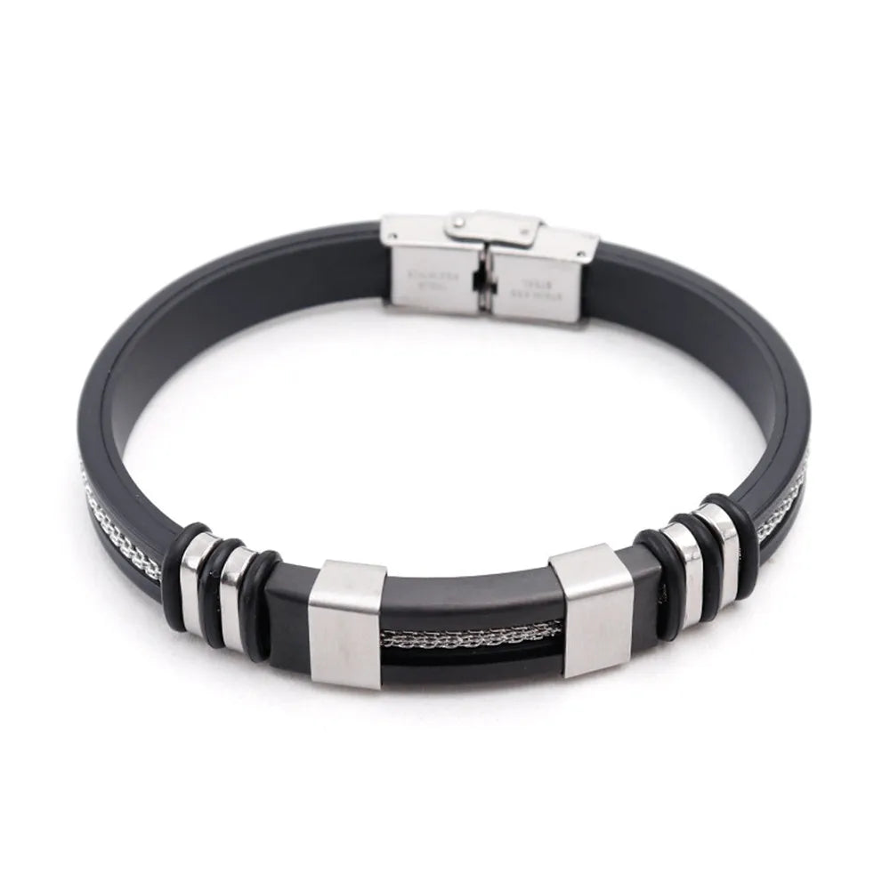 MKENDN Punk Style Men Jewelry Non-fading Steel Wire Rope Silicone Bracelet Classic Cuff Charm Bracelet for Men Male Gifts