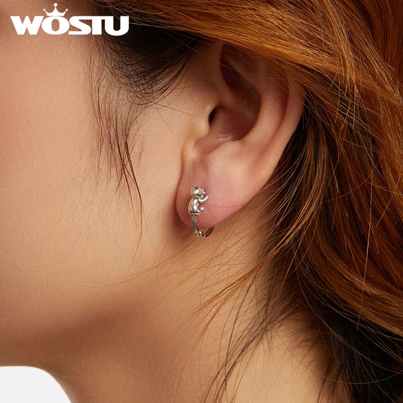 WOSTU Solid 925 Sterling Silver Cat Hoop Earrings For Women Lovely Pet Animal Ear Hoops Birthday Gift For Girl Daughter
