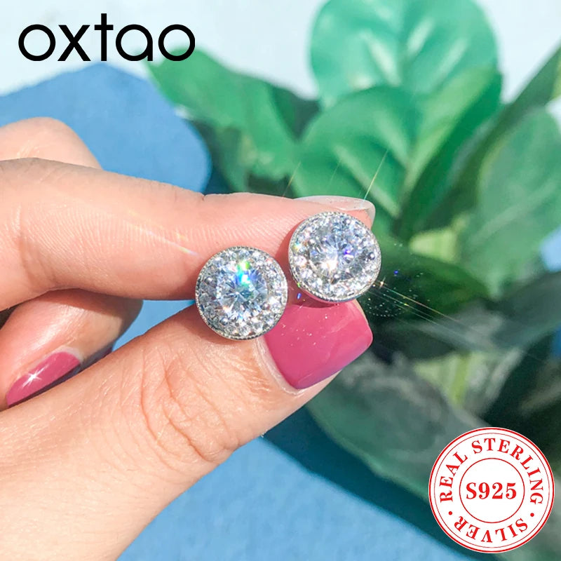 OXTAO Trendy 925 Sterling Silver Round Cut 7mm Main Stone Stud Earrings Engagement Wedding Female Jewelry Piercing Accessories