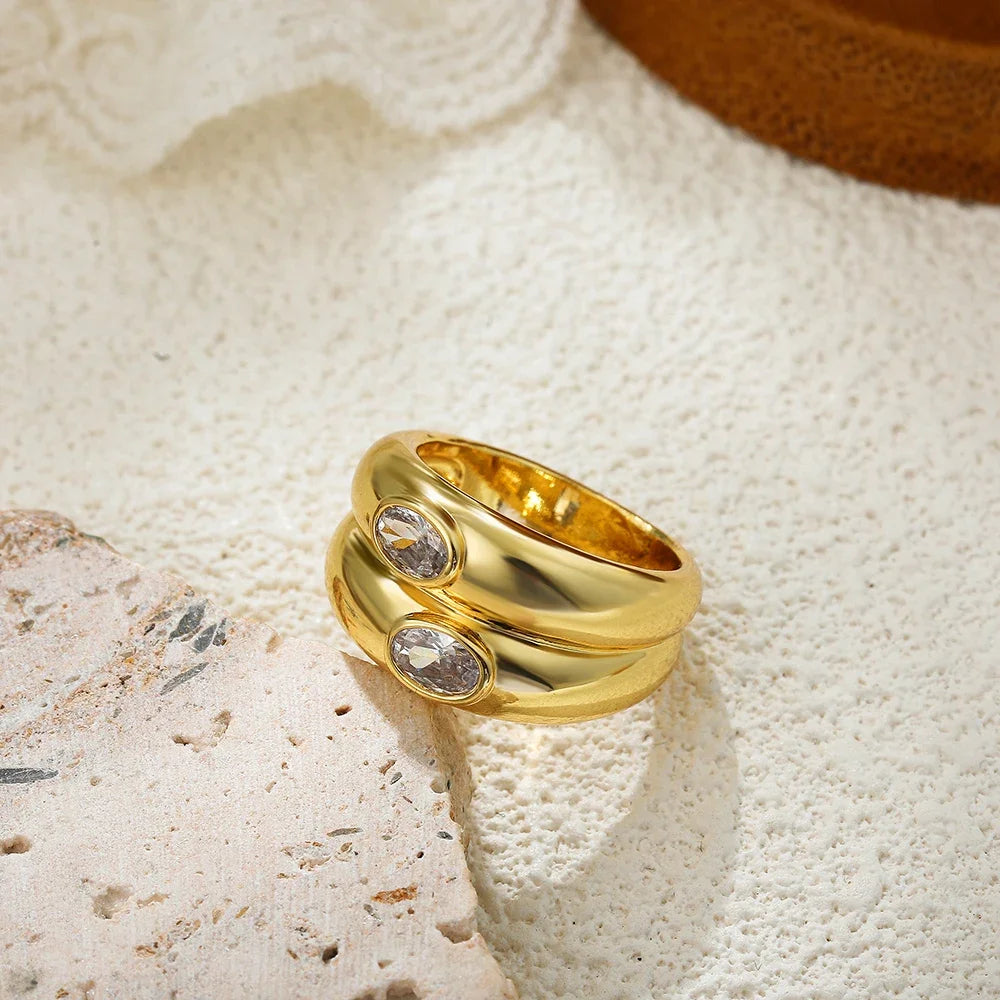 Vintage Double Round Circle Polished Gold Plated Zircon Knuckle Ring Anti Allergic Metal Stainless Steel Teardrop Crystal Rings