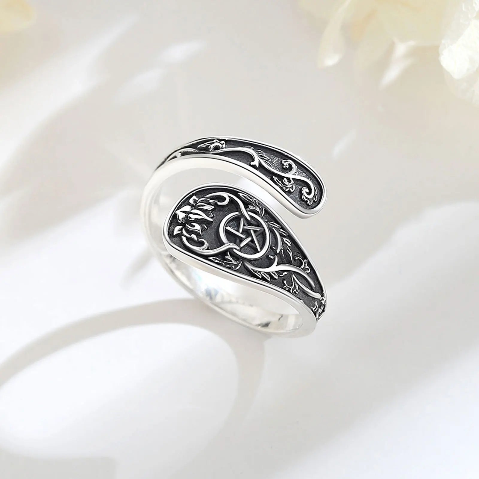 Eudora 925 Sterling Silver Pentagram Adjustable Ring Vintage Tetragrammaton Amulet Spoon Ring Wicca Jewelry Gift for Men Women