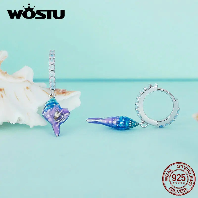 Genuine 925 Sterling Silver Dreamy Blue Conch Drop Dangle Earrings