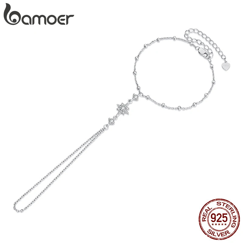 BAMOER 925 Sterling Silber Stern-Handketten-Armband mit Zirkonia-Ring, zartes Armband-Set für Damen, Sommer, verstellbarer Körperschmuck