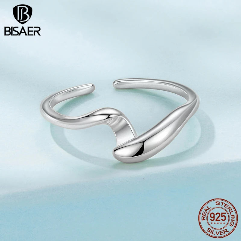 BISAER 925 Sterling Silver Simple Geometry Promise Eternity Ring Adjustable 2-in-1 Couple Band  for Lover Party Fine Jewelry