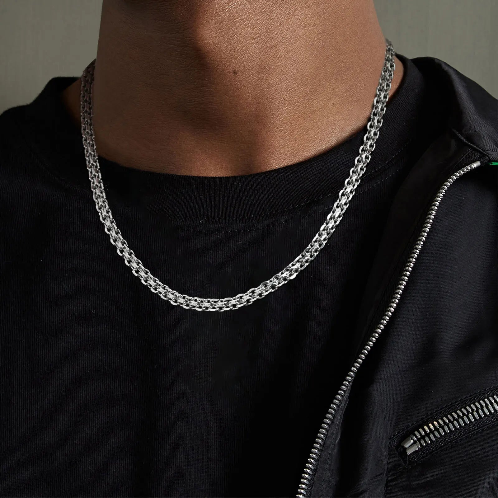 Vnox Waterproof Two Rows Stainless Steel Rolo Links Necklaces, Adjustable Silver Color Metal Links Collar Minimalist Jewelry