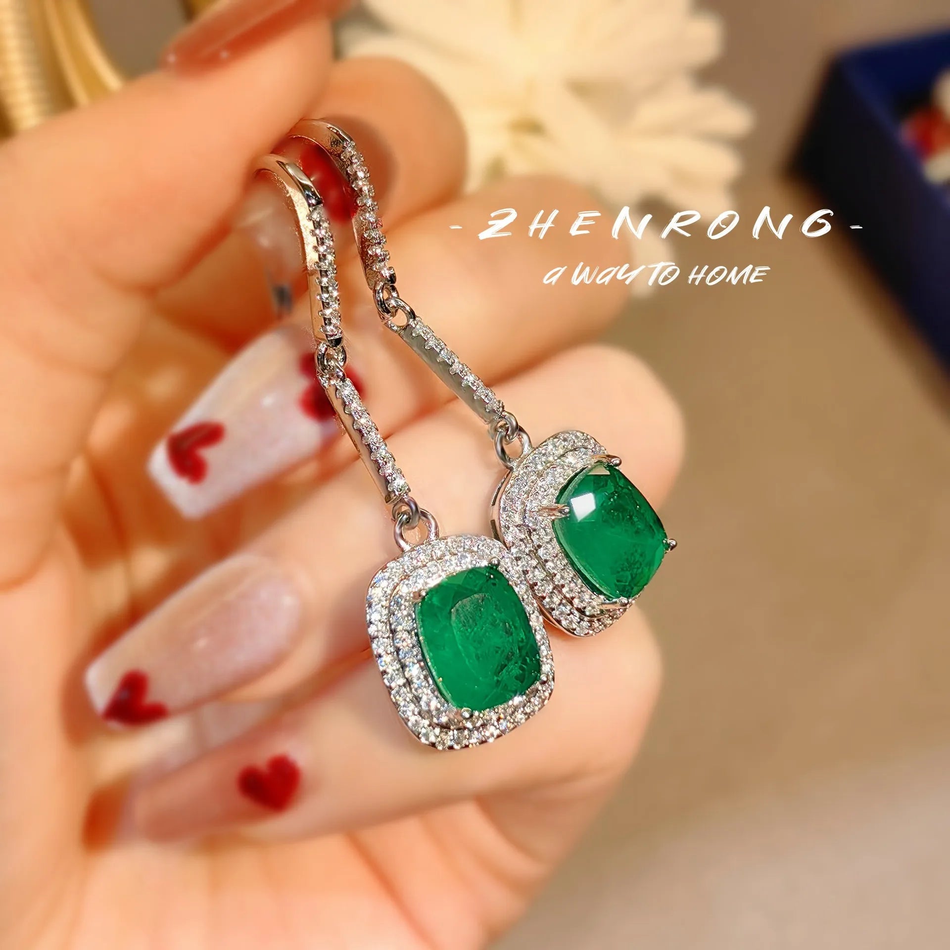 Solid 100% 925 Sterling Silver Emerald Gemstone Earrings Fine Jewelry for Women Luxury Gift Bohemia Designer Jewelry Earing Box