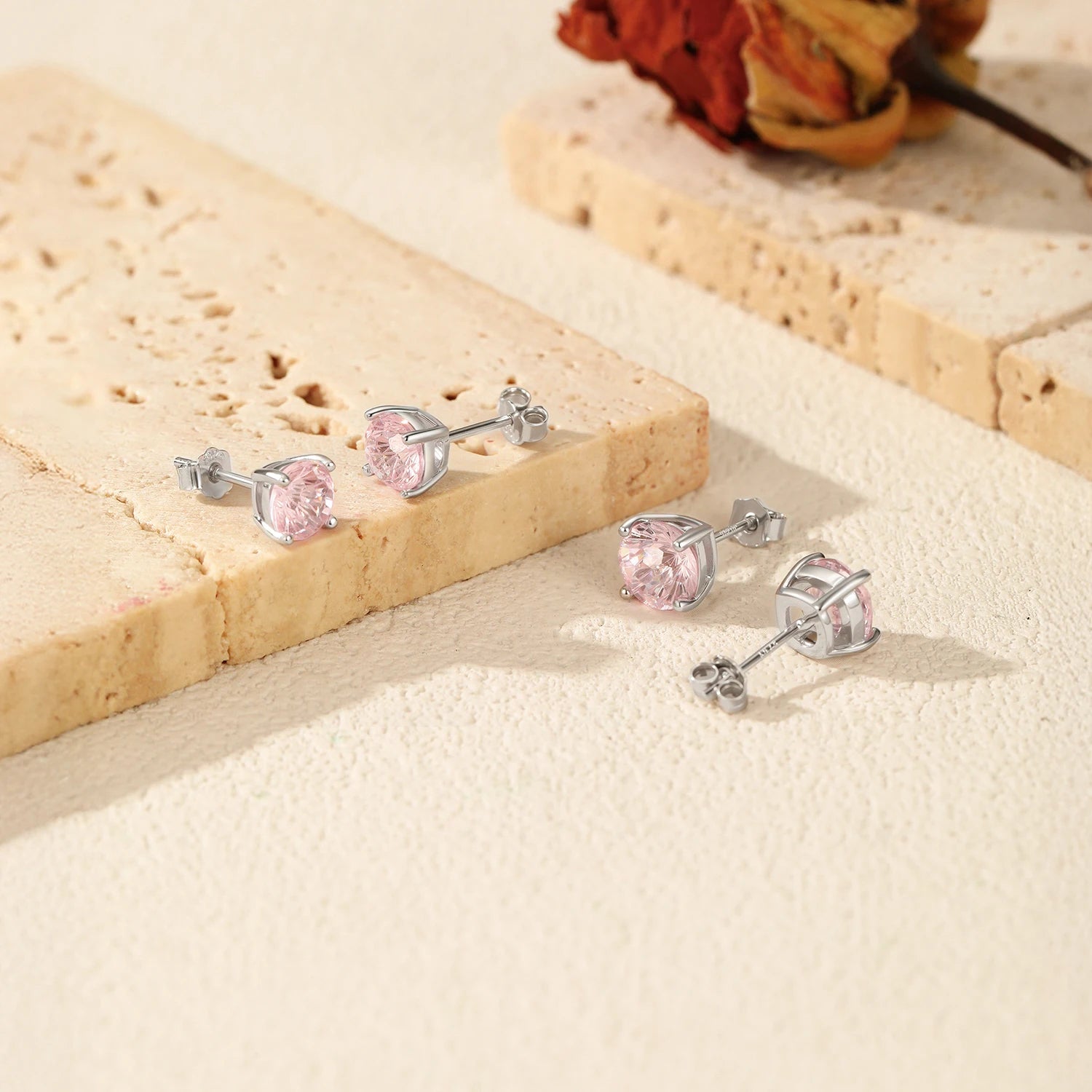 MODIAN 925 Sterling Silver Sweet Light Pink Round Firework Cut CZ Studs Earrings For Women And Men Fine Jewelry