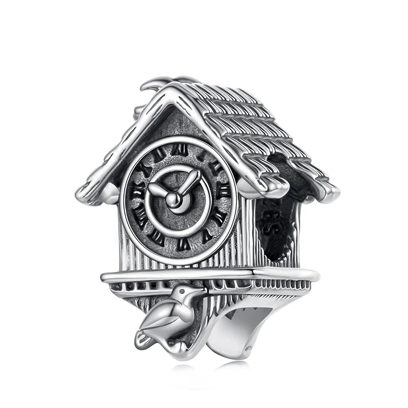 WOSTU Retro 925 Sterling Silver Cuckoo Clock Charm Vintage House Clock Beads Fit Original Bracelet Jewelry Making DIY Gift