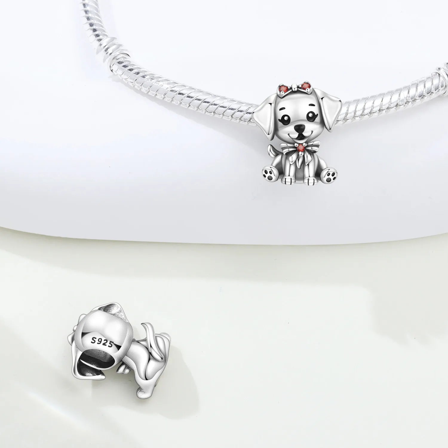 PANPOKI 925 Sterling Silver Cute Bow Dog Animal Pet Beads Original Pendants Bracelet Charm Jewelry Party DIY Trendy Gifts