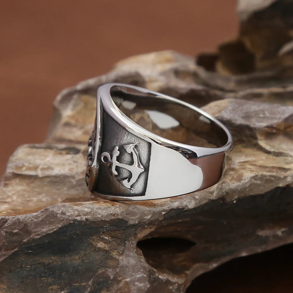 Fashion Vintage Nordic Sailboat Pirate Ring Male 316L Stainless Steel Viking Compass Rings Biker Amulet Jewelry Gift Wholesale