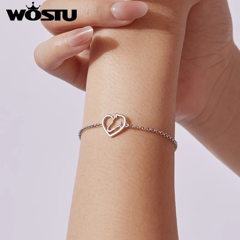 WOSTU Real 925 Sterling Silver Horse & Heart Chain Bracelet Stud Earrings For Women, s925 Silver Unique Horse Lover's Gift Set