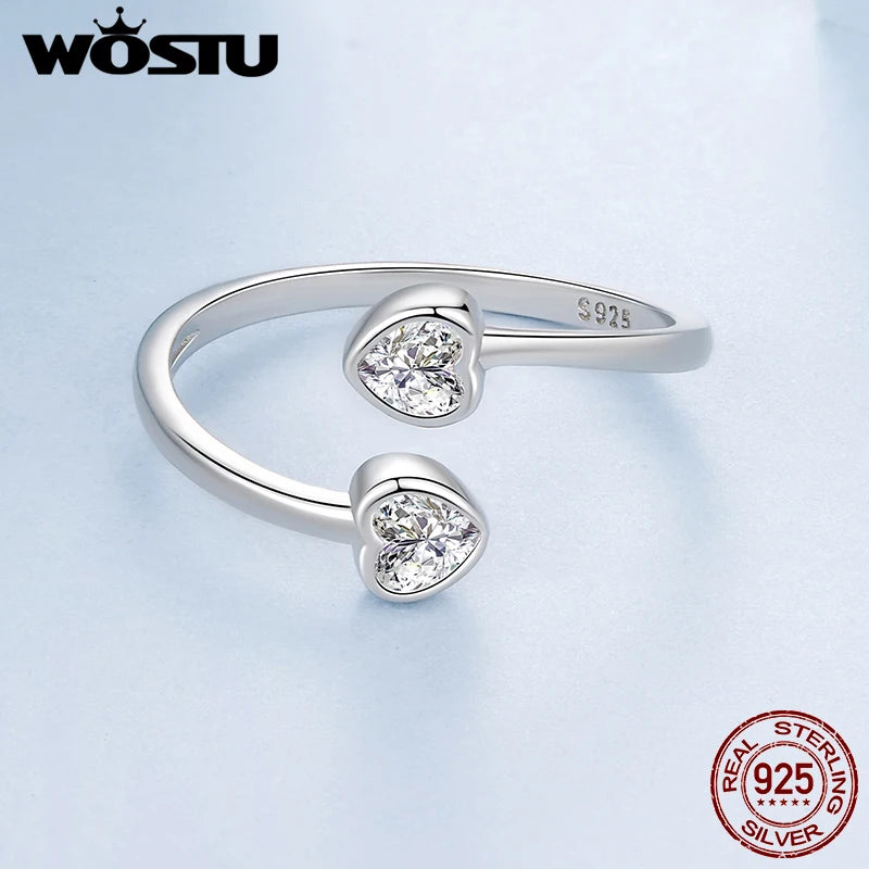 WOSTU Adjustable Double Heart Ring for Women, Sterling Silver Stackable Open Band Minimalist Promise Ring Gift for Lover Mom